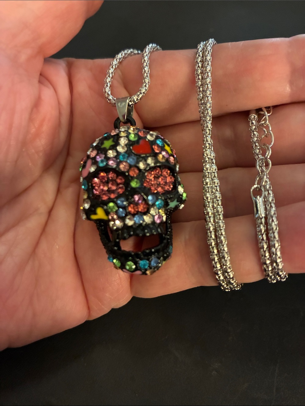 Multicolor Crystal Sugar Skull Pendant Necklace